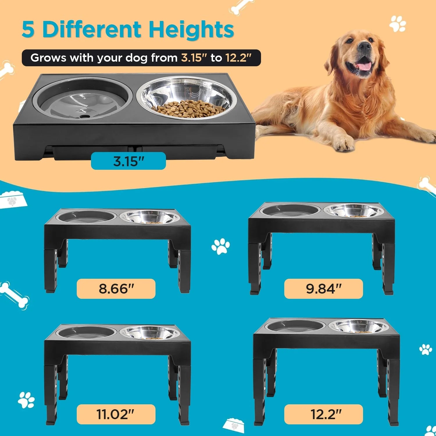 Elevated Dog Bowls,  5 Adjustable Heights Raised Dog Bowl Stand with 1 Stainless Steel Food & Dog Water Bowl, Dog Bowls for Large Dogs& Cats (Black)