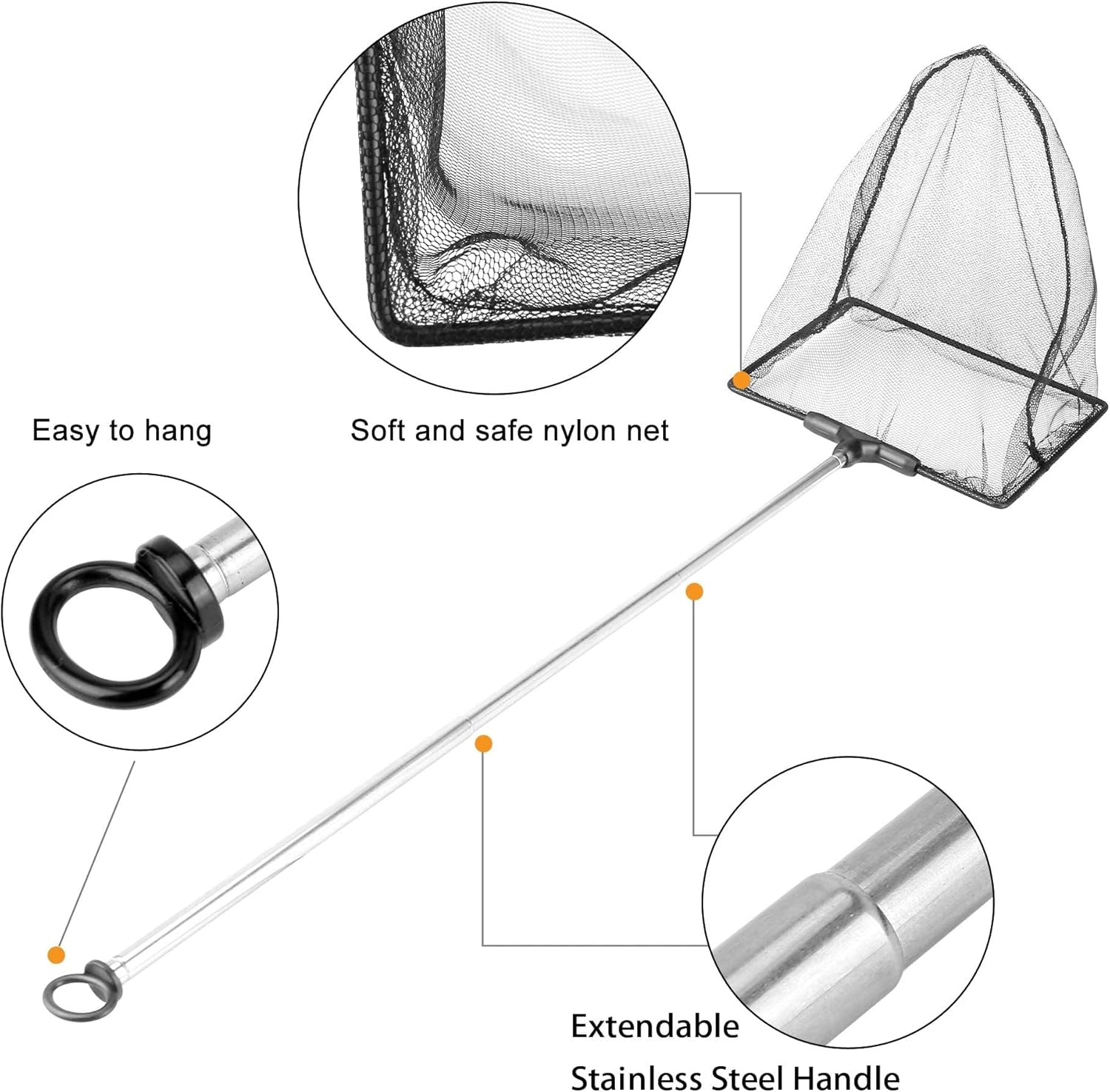 Aquarium Net with Extendable Stainless Steel Long Handle, Fine Mesh for Fish Tank
